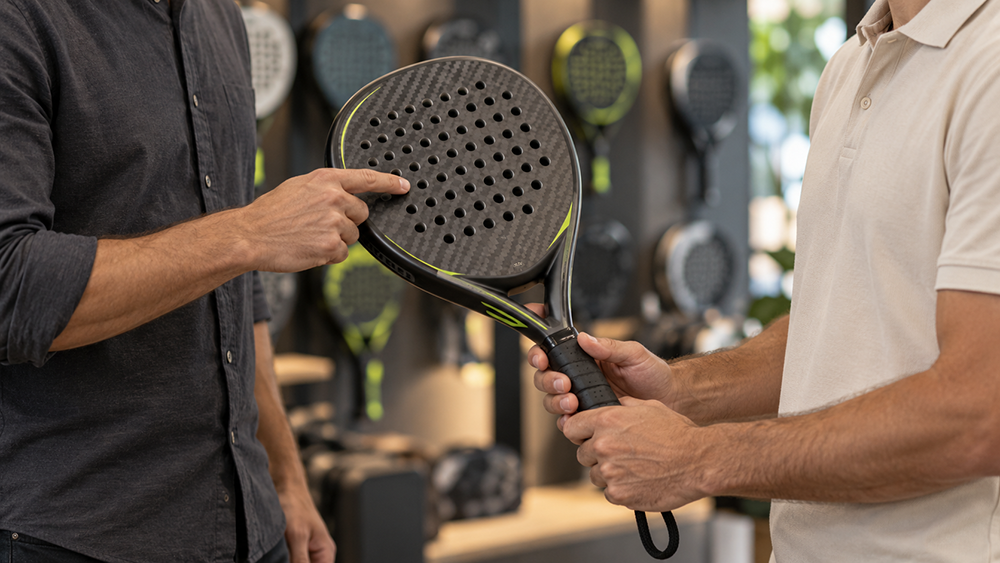 Un vendedor explica las caracter&iacute;sticas de una pala de p&aacute;del a un cliente que la sostiene en una tienda especializada.